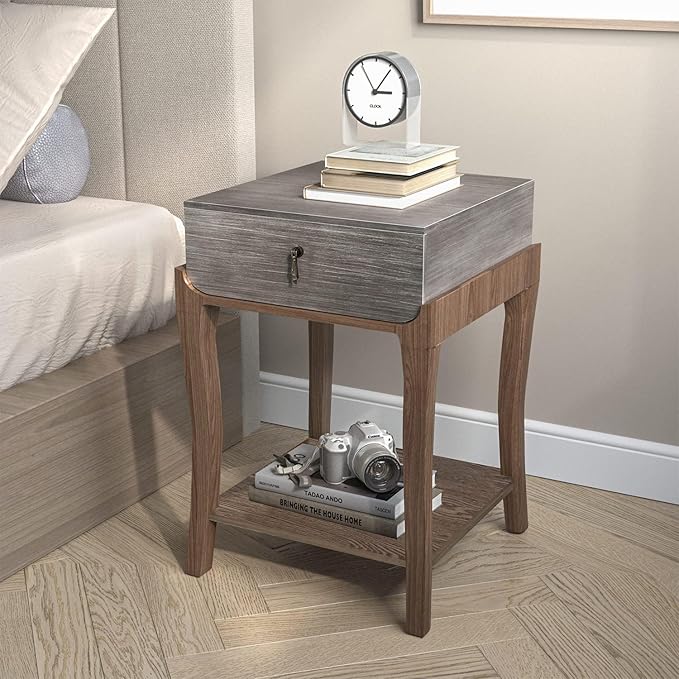 COSIEST Rustic Nightstand, 2-Tier Farmhouse Bedside Table, Wood Accent End Table with Storage Drawer and Open Display Shelf for Bedroom Nursery Living Room (Black & Silver)