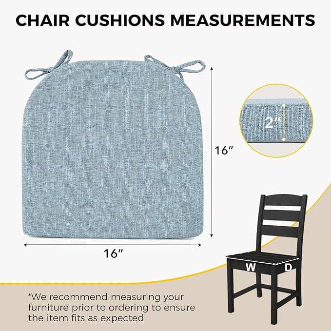 downluxe Indoor Chair Cushions for Dining Chairs, Soft and Comfortable Textured Foam Kitchen Chair Pads with Ties and Non-Slip Backing, 16" x 16" x 2", Light Blue, 4 Pack