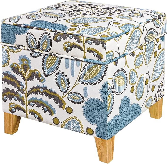 Adeco 18 Inch High Cube Ottoman Storage, Linen Chair Foot Stools, Upholstered Vanity Stool with Hinged Lid, Solid Wood Legs (Blue Leaves)