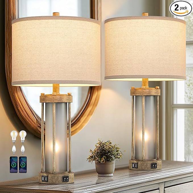 Farmhouse Table Lamps Set of 2 for Living Room, Vintage Bedroom Nightstand Lamp with Dual USB Ports, Bedside Lamp with Frosted Glass Nightlight for End Table Entryway, 4 Bulbs Included (Earthy Gray)