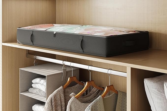 2-Pack Under Bed Storage, 6 Inches Tall Closet Organizers and Storage Bins with Sturdy Sidewalls/Bottom/4 Handles, Black