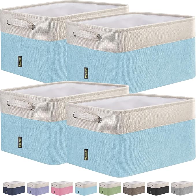 BALEINE 4 Pack Fabric Storage Bins for Shelves, Linen Storage Baskets for Organizing, Decorative Closet Bins for Clothes, Home (Skyblue, 12"x8"x8")