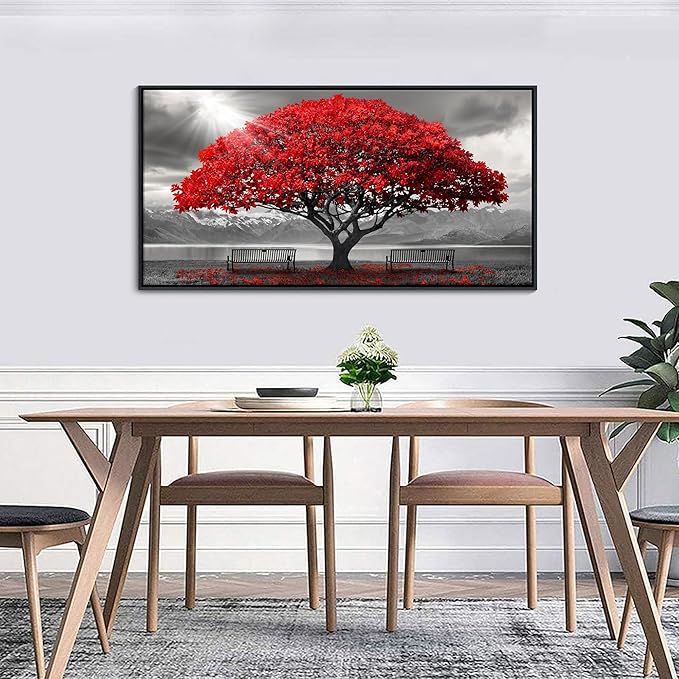 AJAZIKO Red Wall Art - Modern Framed Wall Art for Living Room - Red Tree Black and White Landscape Canvas Prints Posters & Prints for Home Office Bedroom Decorations - Large Wall Pictures 24×48IN
