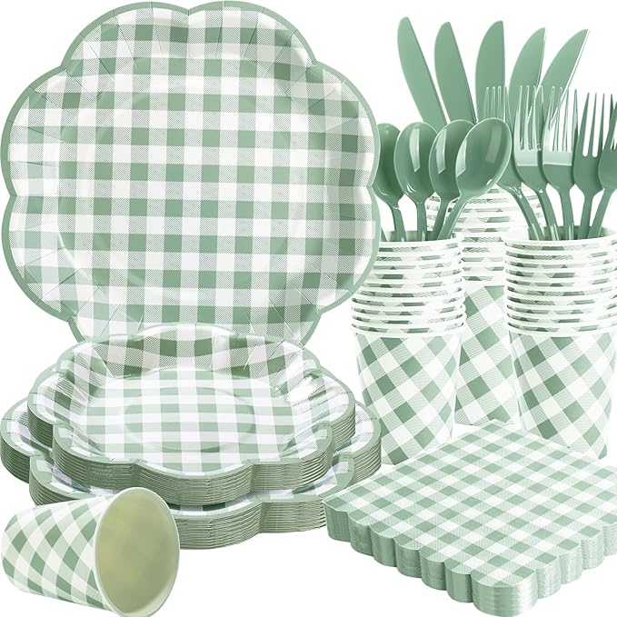 175 Pcs Sage Green Gingham Paper Plates and Napkins Party Supplies - Sage Green and White Checkered Plates Scalloped Plaid Plate for Birthday Dinner Picnic BBQ Party Decorations, Serve 25 Guests