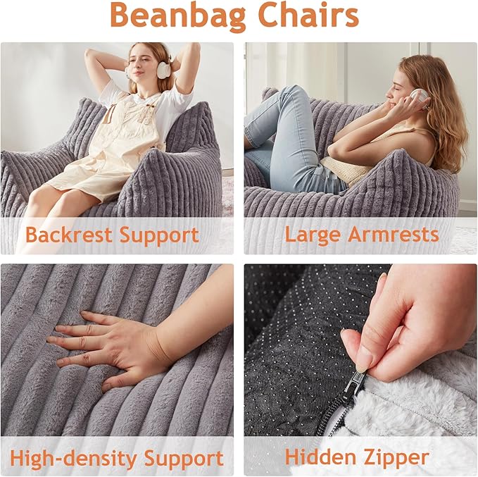 Giant Bean Bag Chairs for Adults with Filling Plush Fluffy Bean Bag Chairs for Teens with Armrests Comfy BeanBag Lazy Couch Sofa Chair for Bedroom Living Room Reading (Dark Gray2, M-for Teens/Adults)