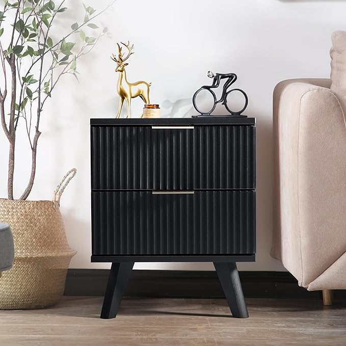 Fluted Nightstand Set of 2, Mid Century Modern 2 Drawer Dresser for Bedroom, Small Dresser Night Stand Side Table End Table with Wood Fluted Drawer Storage for Bedroom Closet(Black)