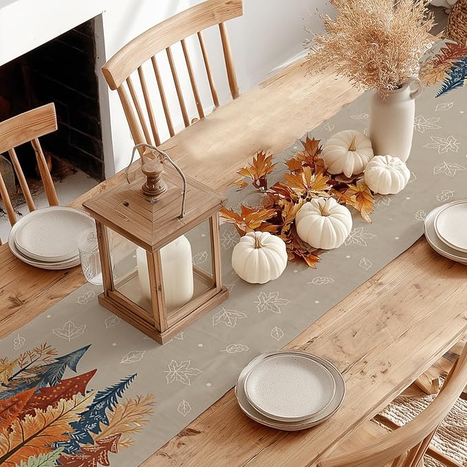 GEEORY Fall Watercolor Trees & Maple Leaves Table Runner 13x72 Inch, Rustic Farmhouse Autumn Thanksgiving Decor for Kitchen, Dining, Indoor/Outdoor Holiday Dinner Party Orange Grey GT159-72