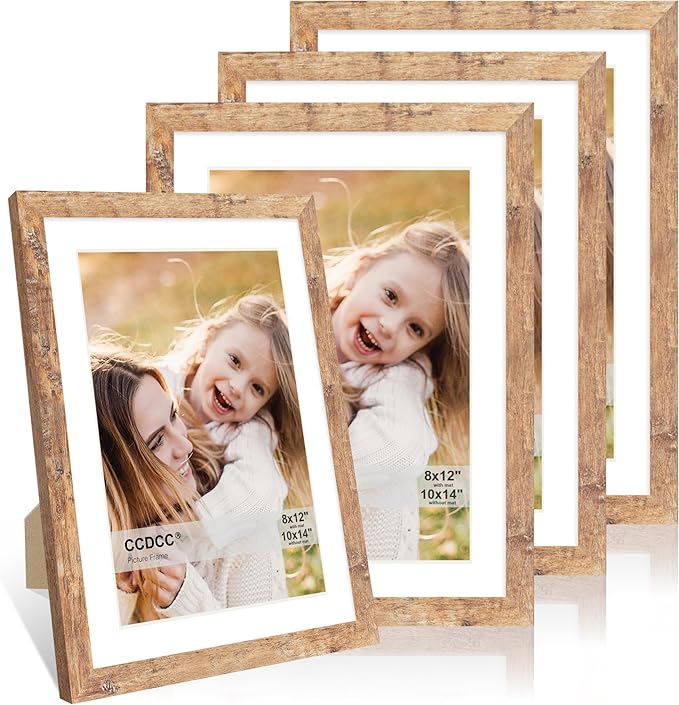 10x14 Picture Frame Set of 4, 10 x 14 Wood Photo Frames with Mat for 8x12 or 30x40cm Diamond Painting Art, Wooden Frame with Real Glass Cover for Wall and Tabletop Display,Brown