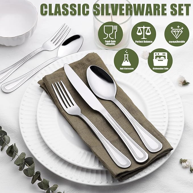 60-Piece Silverware Set for 12, Stainless Steel Flatware, Mirror Polished Cutlery Set, Utensils Include Spoons, Forks, Knives for Home, Restaurant, Beaded Handle, Dishwasher Safe