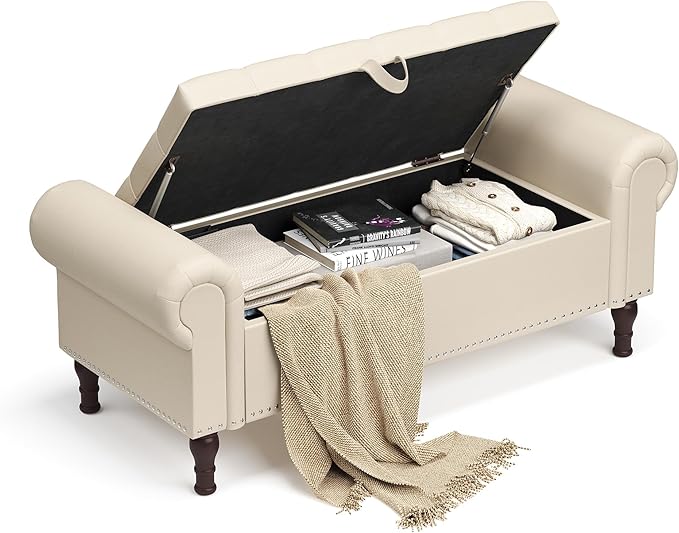 51" Storage Ottoman Bench for Bedroom, Full Queen Storage Bench with Button, Upholstered Bedroom Bench with Rolled Arms for Living Room, Storage Room, Entryway, Beige+Brown Legs