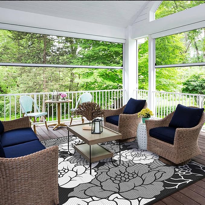 GENIMO Outdoor Rug Waterproof for Patio Decor, 8' x 10' Reversible Plastic Straw Floral Camping Carpet, Large Area Rugs Mats for RV, Camper, Deck, Balcony, Porch, Beach, Picnic, Mix-Black & White