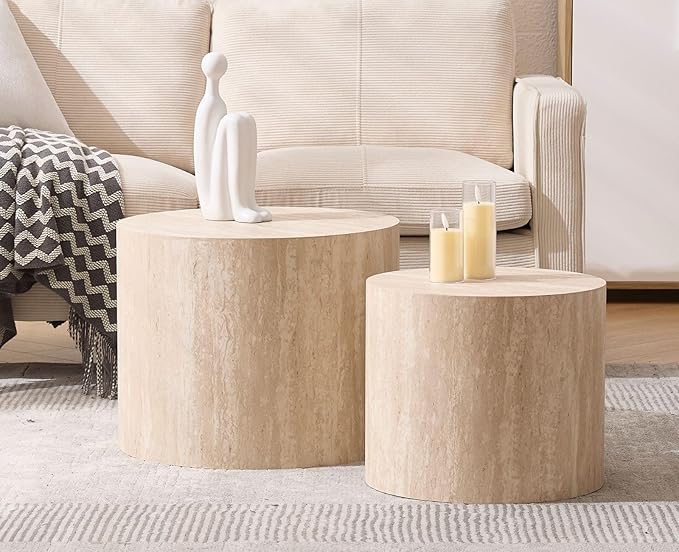 CIMOTA Round Wood Nesting Coffee Table Set of 2, Modern Circle Travertine End Side Table Sets for Living Room, Light Wooden Color/No Assembling