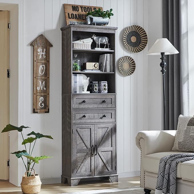 Bathroom Storage Cabinet, 72" Tall Farmhouse Storage Cabinet with 2 Drawers, Adjustable Shelves & Barn Door, Cabinet for Bathroom, Living Room, Kitchen, Grey Wash
