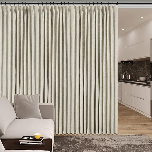 100% Blackout Linen Textured Drapes for Bedroom Pinch Pleated Curtains for Track System Portable Drapery for Sliding Glass Door/Storage/Space Room Divider, 70" Wx102 L, 1 PC, Ivory White