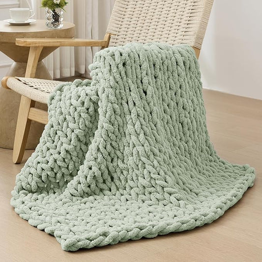 Bigacogo Chunky Knit Throw Blanket for Couch, 40x40 inches, 100% Hand Knitted with Thick Jumbo Chenille Yarn, Cozy Soft Large Rope Knot Cable Crochet Blankets for Sofa Bed Living Room, Sage Green