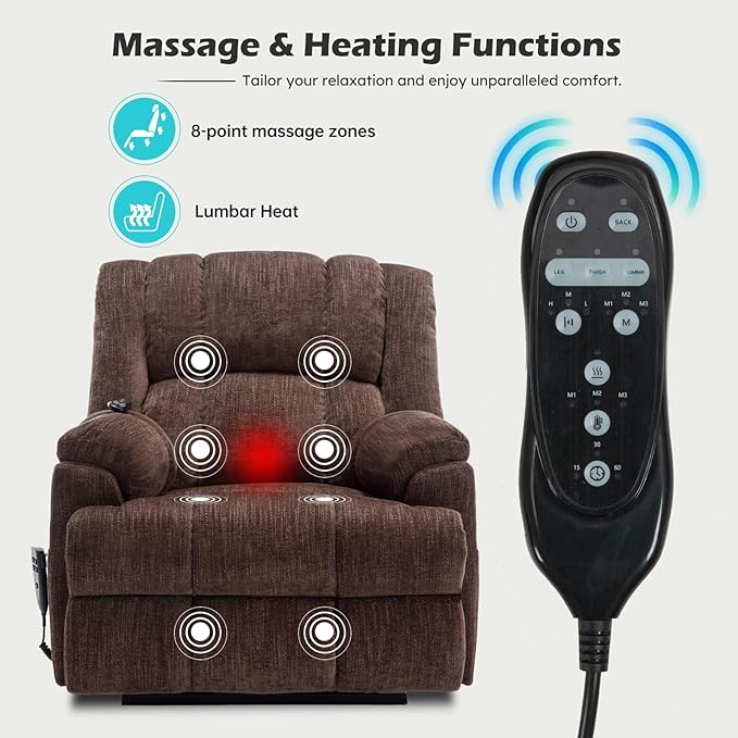 Dual Motor Power Lift Recliner Chair with Massage and Heat for Elderly People, Infinite Position, Brown Recliner Chair, Chenille Fabric Lift Chair
