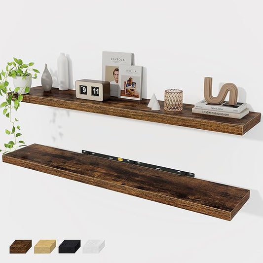 Fun Memories 55 Inch Floating Shelves for Wall 2 Pack Shelves for Bedroom|Kitchen|Bathroom 55 x 9.3 Inch Wood Floating Shelf with Invisible Brackets for Books|Storage|Decor, Rustic Brown
