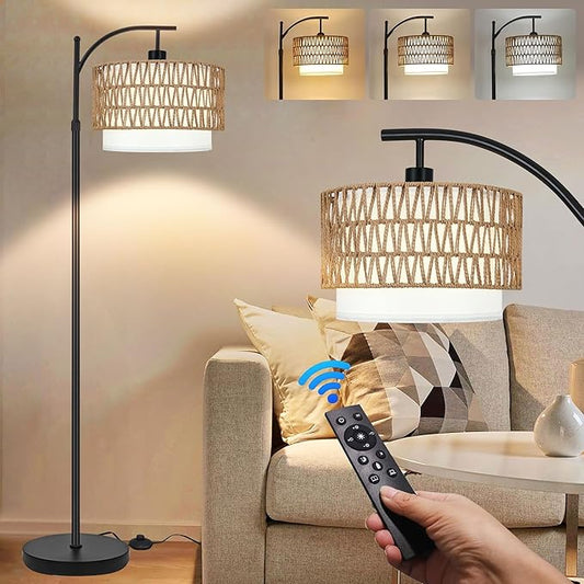 Arc Floor Lamp for Living Room Boho Floor Lamps with Remote Control & with 3 Color Temperatures,Rattan Wicker Standing Lamp Dimmable Tall Floor Lamp for Bedroom Living Room Corner