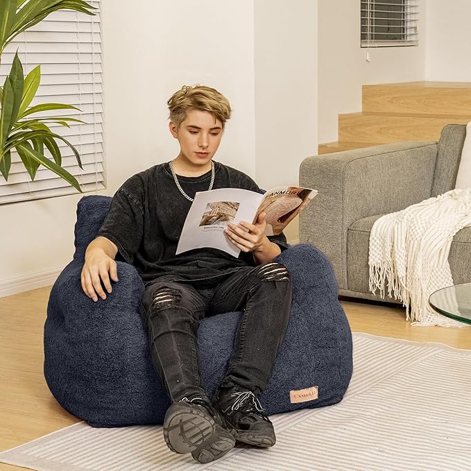 Bean Bag Chair with Filler, Bean Bag Sofa with Tufted Soft Stuffed Filling, Fluffy and Lazy Sofa, Comfy Cozy BeanBag Chairs with Memory Foam for Dorm, Apartment, Living Room (Blue)