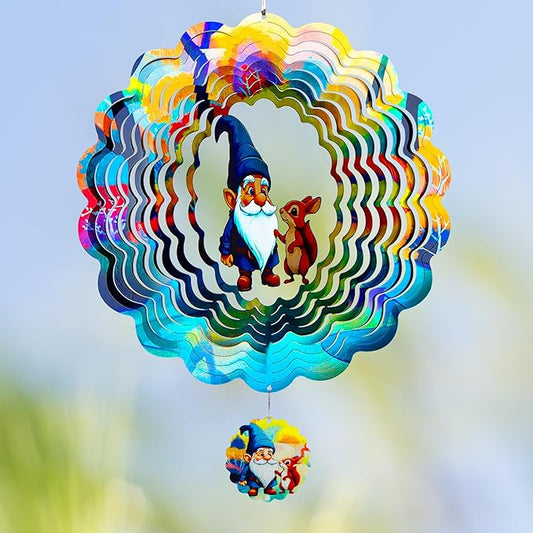Gnomes Hanging Wind Spinners,12 Inch 3D Garden Spinner Kinetic Art Garden Decorations，Stainless Steel Reflective Wind Spinners for Yard