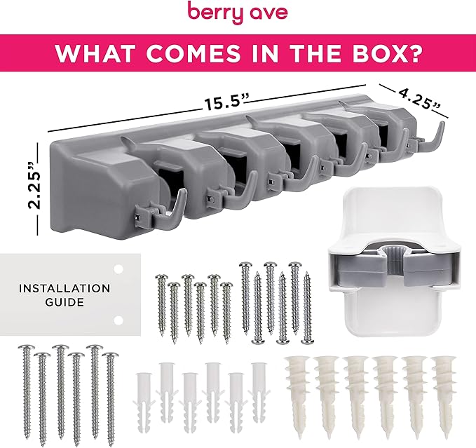 Combo 5 Slot Broom Holder w/ 1 Self Adhesive Mop Gripper No-Drilling, Wall Mount Tool Organizers For Kitchen, Garage, Laundry Room- Anti-Slip Hanger For Brooms, Mops, Rakes, Dustpans (Grey / White)