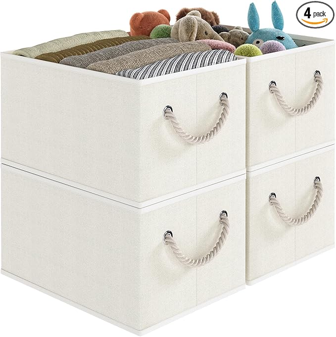 Closet Storage Bins, Linen Closet Organizers and Storage Basket for Shelves, Collapsible Shelf Baskets for Organizing Shelves, Bedroom Clothes Basket, Beige, 3 Pack