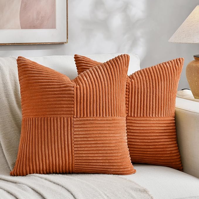 Fancy Homi 2 Packs Burnt Orange Big Decorative Throw Pillow Covers 24x24 Inch for Living Room Couch Bed, Farmhouse Boho Home Decor, Soft Corss Corduroy Patchwork Accent Square Cushion Case 60x60 cm