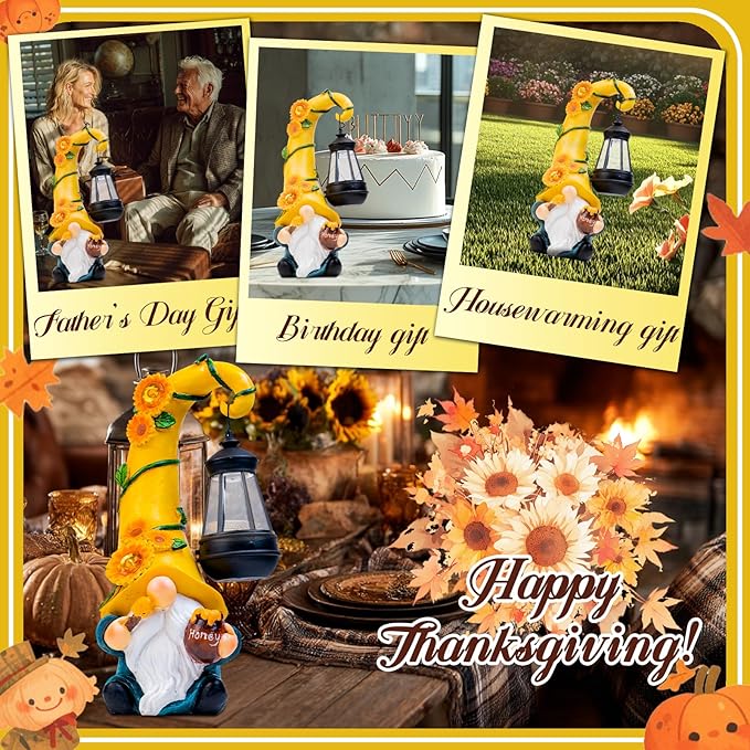 Fall Decorations for Home Porch 12" Solar Fall Gnome Sunflower Garden Statues Honey Bee Jar Decor with LED Lantern Outdoor Gnomes Decorations Patio Yard Balcony Art Birthday Gifts for Mom Grandma