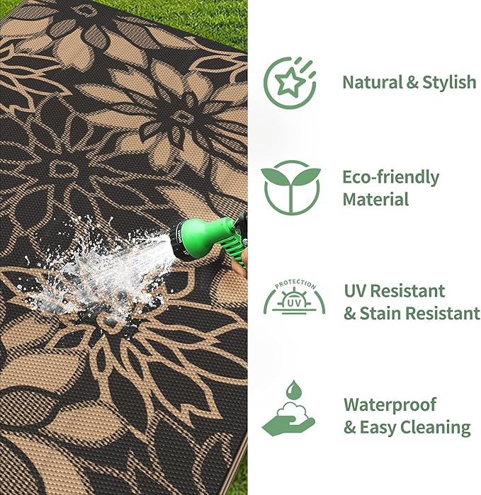 GENIMO Outdoor Rug Waterproof for Patio Decor, 9' x 12' Reversible Plastic Straw Floral Camping Carpet, Large Area Rugs Mats for RV, Camper, Deck, Balcony, Porch, Beach, Picnic, Black & Brown