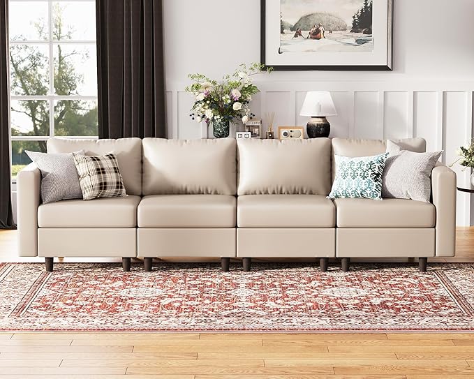 118.5" Faux Leather Modular Sectional Sofa with Storage Seat, Oversized 4 Seater Couch Deep Seat with Removable Cover Whitesand