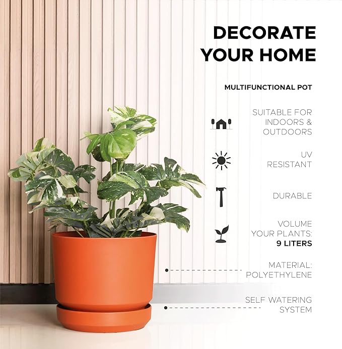 Elly Décor 10 inch Plastic Cylinder Planter Pot with Self-Watering Saucer and Drainage Hole,Lightweight & Extremely Durable, 10"x 10", Terracotta