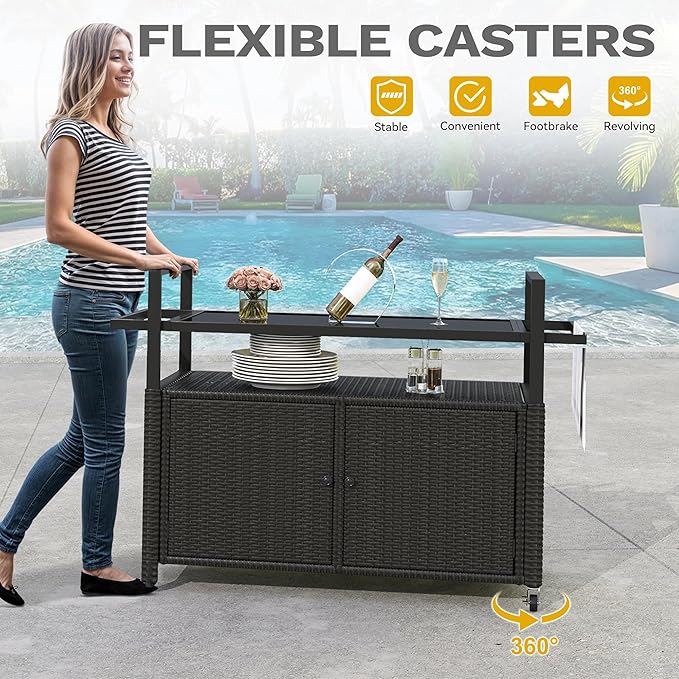 DWVO Patio Bar Table,Outdoor Kitchen Island with Glass Top,Rattan Patio Storage Cabinet with Wheels,Bar Cart for Poolside and Backyard,Black