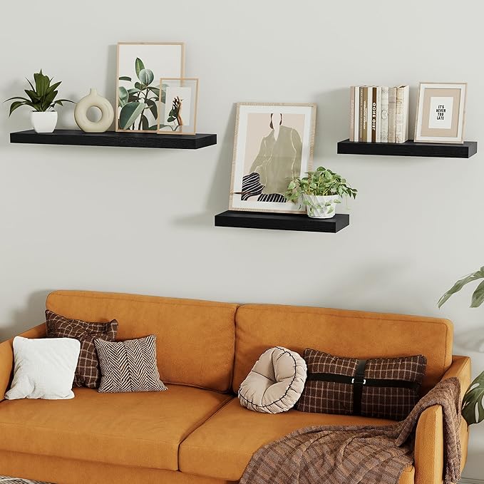 Black Floating Shelves for Wall, 16 inchs x 6.7” deep x 1.4” Wall Shelf for Bathroom Bedroom, Living Room, Kitchen, Office Home Decor, Narrow Wood Shelves with Invisible Brackets Set of 2