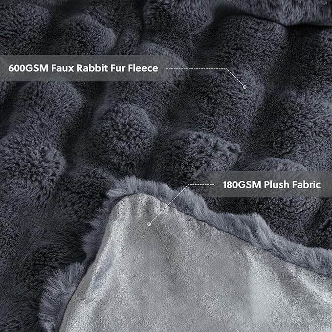 Cozy Faux Fur Throw Blanket for Bed-Warm Fuzzy Throw Blanket, Soft Plush Thick Bubble Blankets for Bedroom and Living Room, Furry Luxury Blanket, 60 x 80, Grey