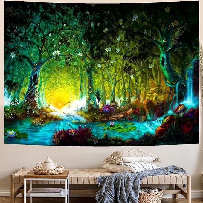 Delur Fantasy Forest Tapestry Mystical River Enchanted Magical Fairy Tale Tree Tapestry Sunrise Landscape Sunset Nature Psychedelic Wall Hanging Headboard for Bedroom Living Room Home Decor (51.2" x 59.1")