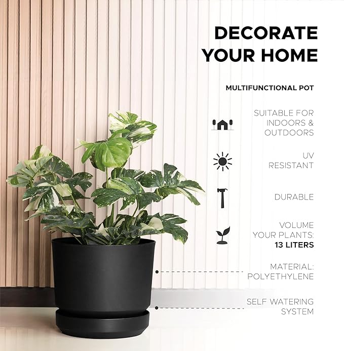 Elly Décor 14 inch Plastic Cylinder Planter Pot with Self-Watering Saucer and Drainage Hole,Lightweight & Extremely Durable, 14"x 14", Charcoal