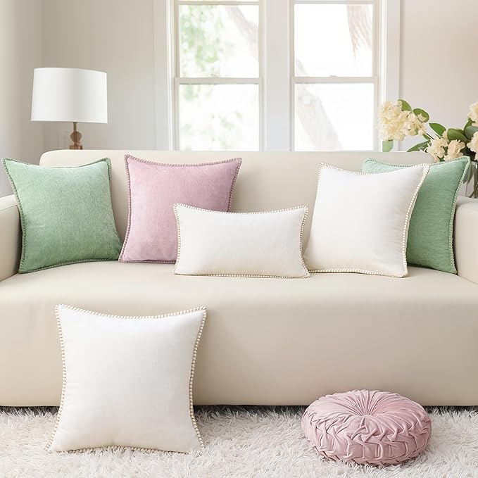 decorUhome Chenille Soft Throw Pillow Covers 20x20 Set of 2, Farmhouse Velvet Neutral Decorative Euro Pillow Covers with Stitched Edge for Couch Sofa Bed Home Decor, Blush Pink