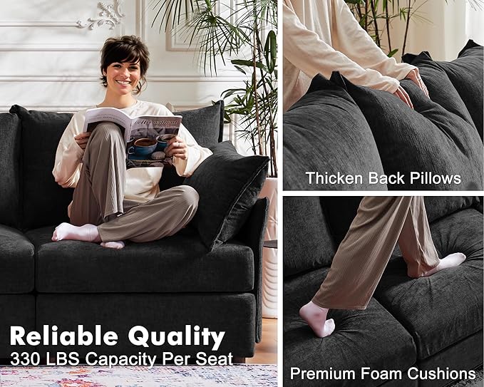 136.4" Oversized Modular Sectional Sleeper Sofa Bed, U Shaped Convertible Couch with Movable Ottoman, Large 8 Seat Corner Couches for Living Room Deep Seat Black Chenille