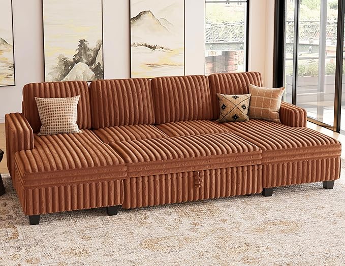 Belffin Modular Sectional Sleeper Sofa with Pull Out Couch Bed Corduroy Double Chaise with Storage Brick Red Couch