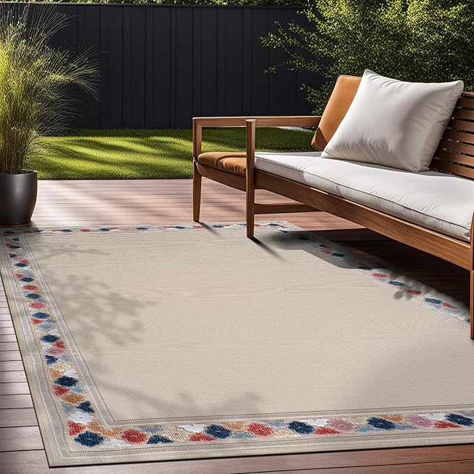 Beverly Rug Outdoor Rug 4x6 Modern Bordered Area Rugs for Indoor and Outdoor Patio Easy to Clean Non Shedding Living Room Porch Garden Washable Outside Carpet (4 x 6 Beige)