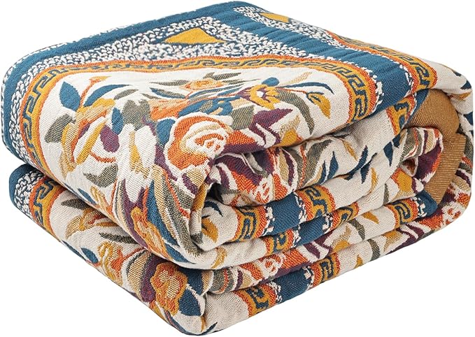Boho Throw Blanket for Bed - 100% Pure Cotton Ultra Soft Rustic Quilt - Farmhouse Decor Bed Blankets, All Season Rustic Throw for Sofa Couch Chair(60"×80", Floral)