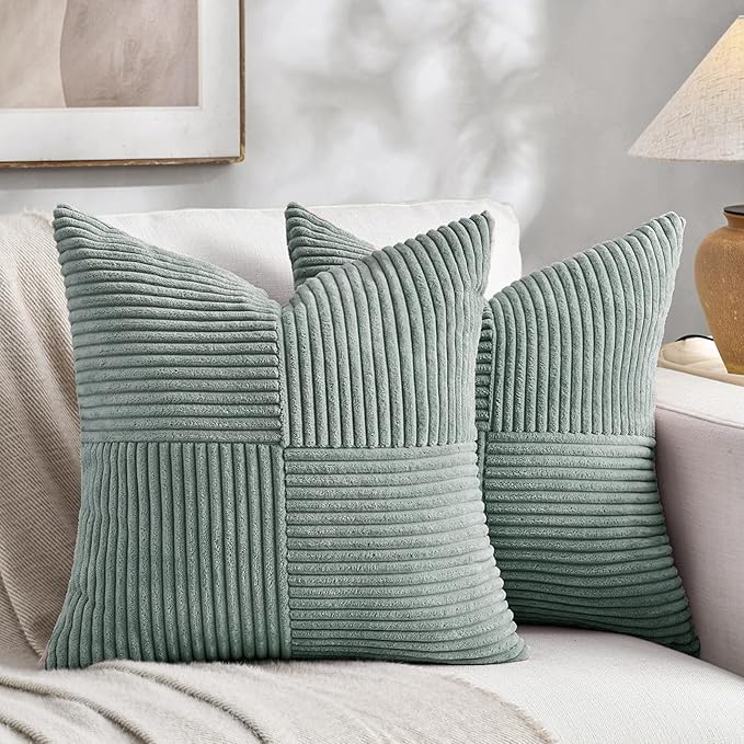 Fancy Homi 2 Packs Grey Blue Decorative Throw Pillow Covers 16x16 Inch for Couch Bed Sofa, Rustic Farmhouse Boho Home Decor, Soft Corss Patchwork Corduroy Textured Square Cushion Case 40x40 cm