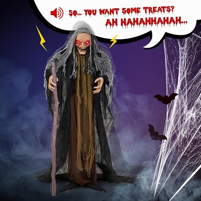 AW Animated Halloween Decorations,Scary Witch with Crutch,5.3FT Life Size Standing Clown,Motion/Sound Activated LED Eyes Creepy Sound,Haunted House Props Party Outdoor Indoor Lawn Yard Patio 2025