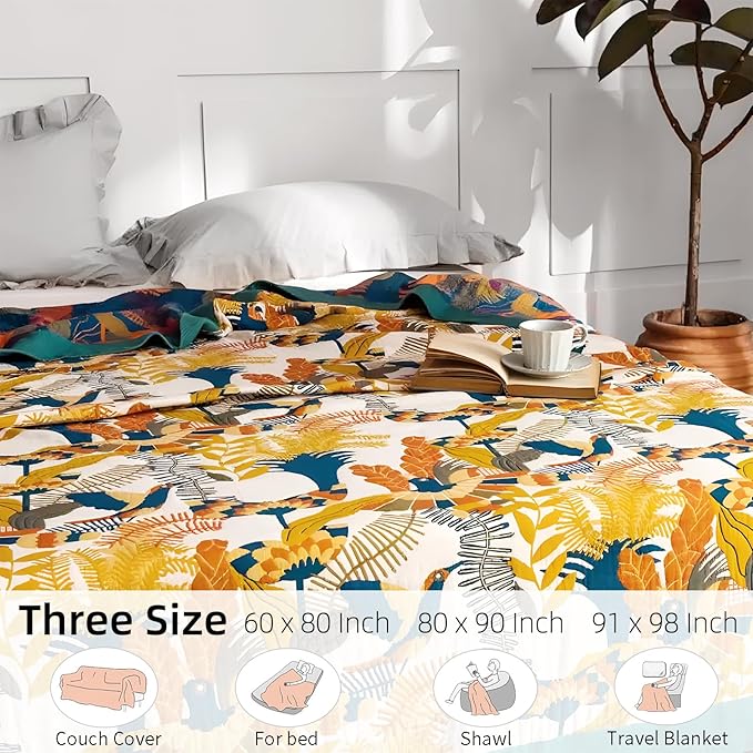 Boho Throw Blanket for Bed - 100% Pure Cotton Ultra Soft Rustic Quilt - Farmhouse Decor Bed Blankets, All Season Rustic Throw for Sofa Couch Chair(60"×80", Floral Bird)