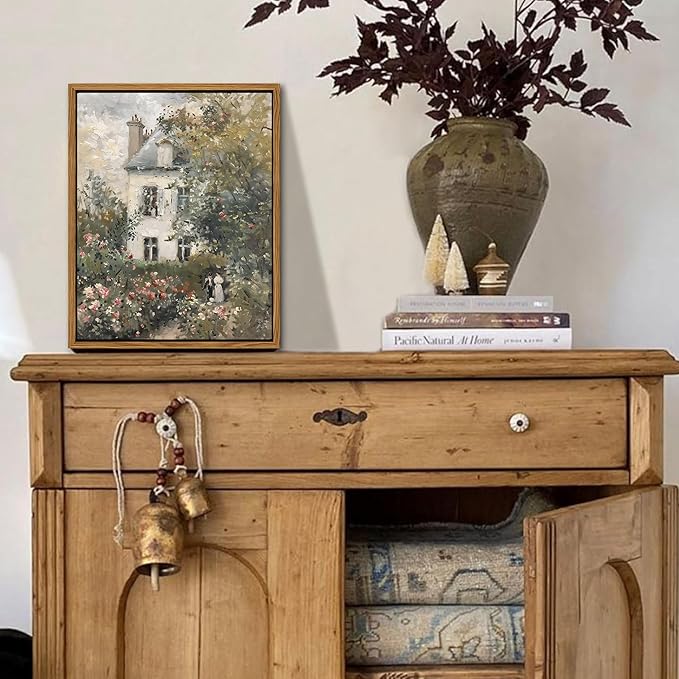 Floating Framed Canvas Vintage Wall Art, Neutral English Cottage Rose Garden Oil Paintings Print, Spring Pictures Wall Decor for Living Room Hallway Bedroom Office Rustic Decor 8x10 inch