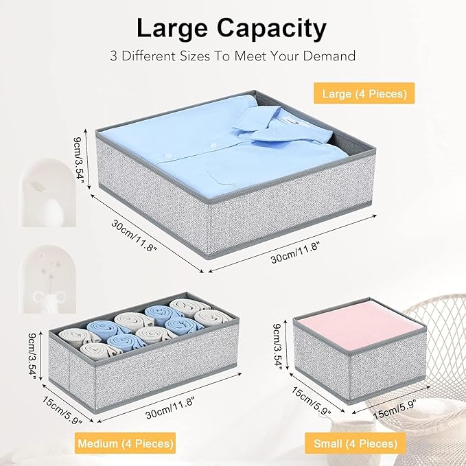 DIMJ Drawer Organizer Clothes 12 Pack - Foldable Baby Organizers and Storage & Dresser Organizer for Bedroom, Closet - Nursery Organization Dresser Dividers for underwear, Sock,Bra, Belt, Tie, Gray