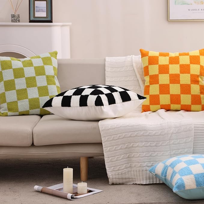 Alysheer Checkered Embroidered Decorative Throw Pillow Covers 18"x 18" Set of 2, Classic Accent Designer Blue White Plaid Patterned Cotton Cushion Cases for Sofa Couch Bed Living Room Outdoor Decor