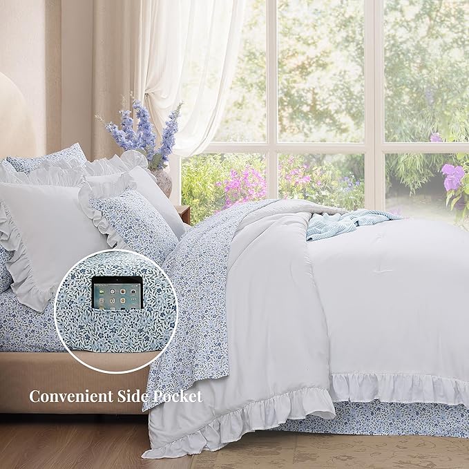 Full Comforter Set - 7 Pieces Ruffle White Bedding Sets, Shabby Chic Farmhouse Bed in a Bag Full with Ruffle Comforter, Floral Sheets, Pillowcases & Shams