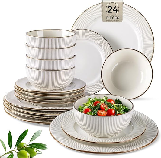 GBHOME Ceramic Dinnerware Sets, 24 pcs Embossed Elegant Stoneware Plates and Bowls Sets, Housewarming Wedding Gift | Dishwasher & Microwave Safe | Dishes Set Service for 8