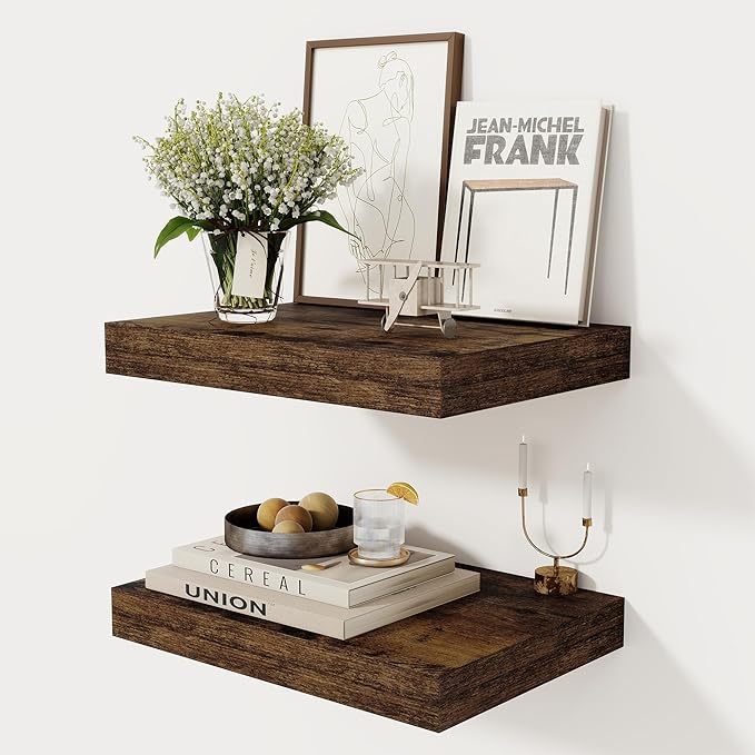 12 Inch Deep Floating Shelves, 16 x 12 Floating Shelf for Books, Rustic Wood Deep Wall Shelves for Home Storage & Display, 2" Thicked Shelves for Kitchen, Living Room, Bedroom, Rustic Brown, 2 Pack